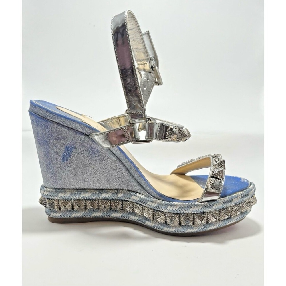 Christian Louboutin Silver Studded Wedge Sandals - Picture 9 of 11